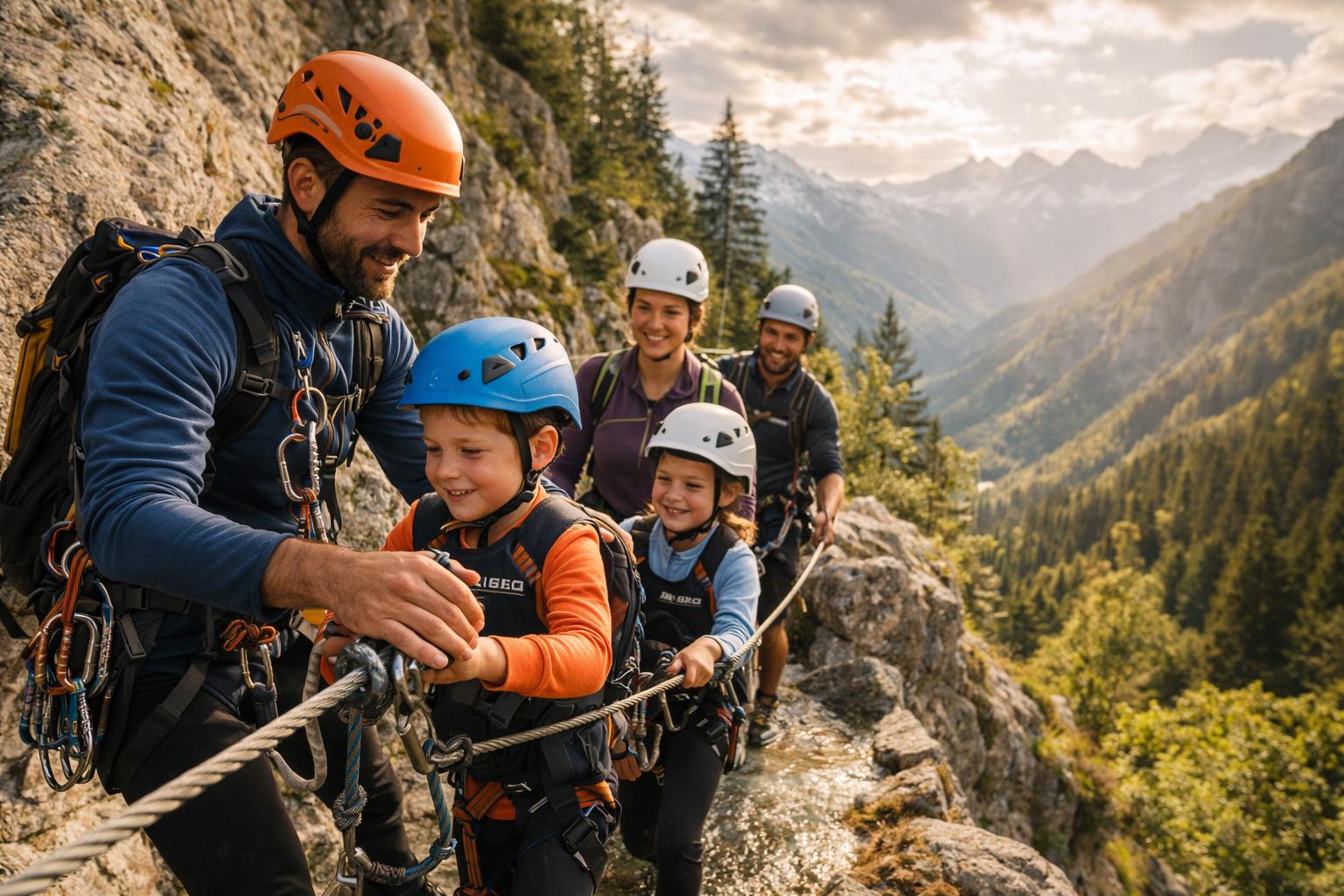 Guide via ferrata avec famille en montagne