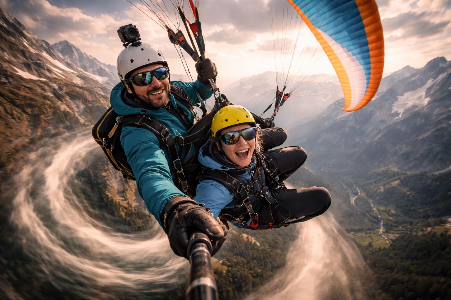 Moniteur parapente biplace en vol au-dessus des montagnes