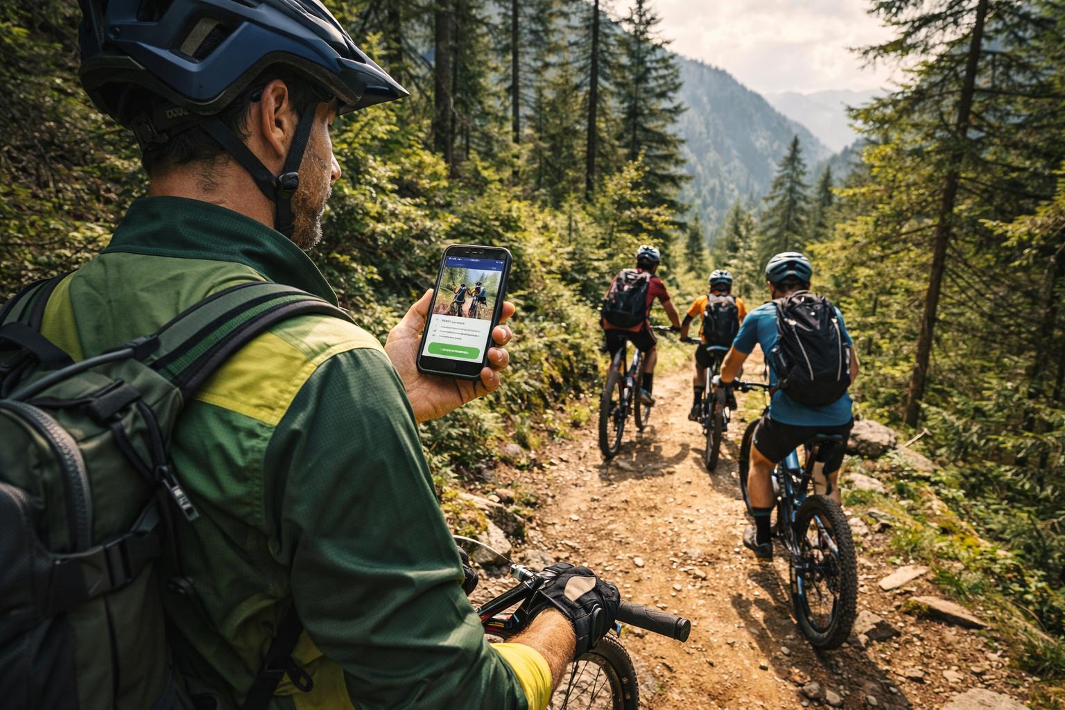 Guide VTT en forêt consultant son téléphone