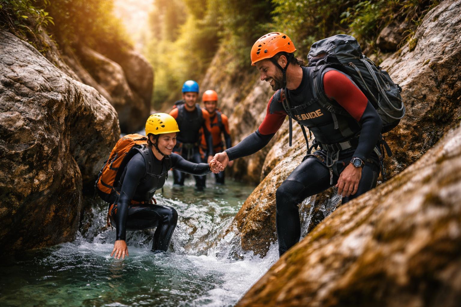 Guide canyoning aidant des participants